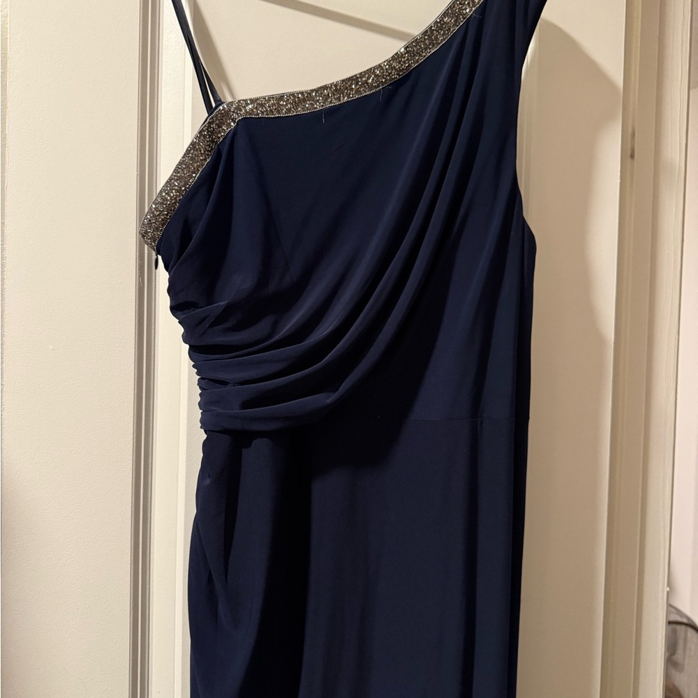 Adrianna Papell Navy One-Shoulder Dress with Silver Accent